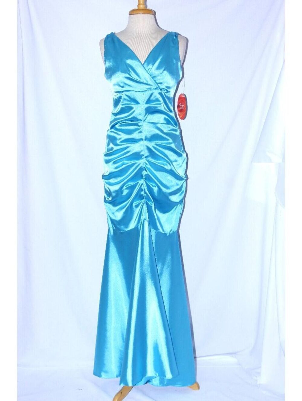 Cindy #1138 Long Satin Fit & Flare Bridesmaid Dress-Size L-TURQUOISE-NWT